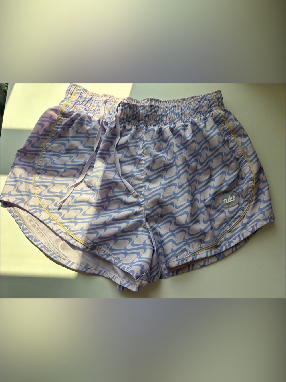 Nike Women's Lavender Wave-Print Athletic Shorts with Yellow Trim-Lined